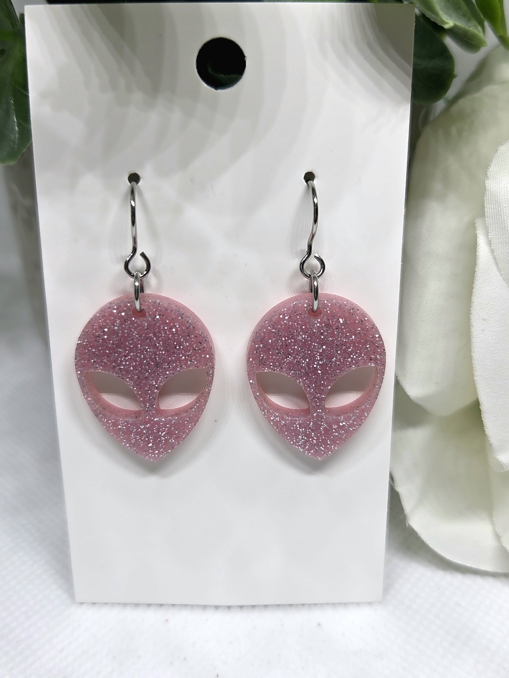 Pink Glitter Alien Face Dangle Earrings